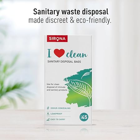 Sirona sanitary waste disposal bags packaging with text on a blurred background