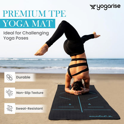 Yogarise NBR Yoga Mat with Sleek 2-in-1 Yoga Strap for Men and Women, Non-Slip Texture, Extra Wide & Thick Exercise Mat For Home, Pilates, Gym & Fitness (Blue & Black)