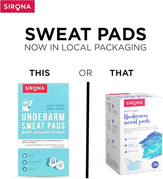 Two boxes of Sirona underarm sweat pads on a white background with text about local packaging.