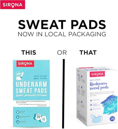 Two boxes of Sirona underarm sweat pads on a white background with text about local packaging.