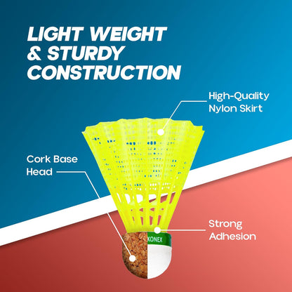 Konex Nylon Shuttlecock | Stable Flight & Fast Recovery (Yellow, Pack of 6)
