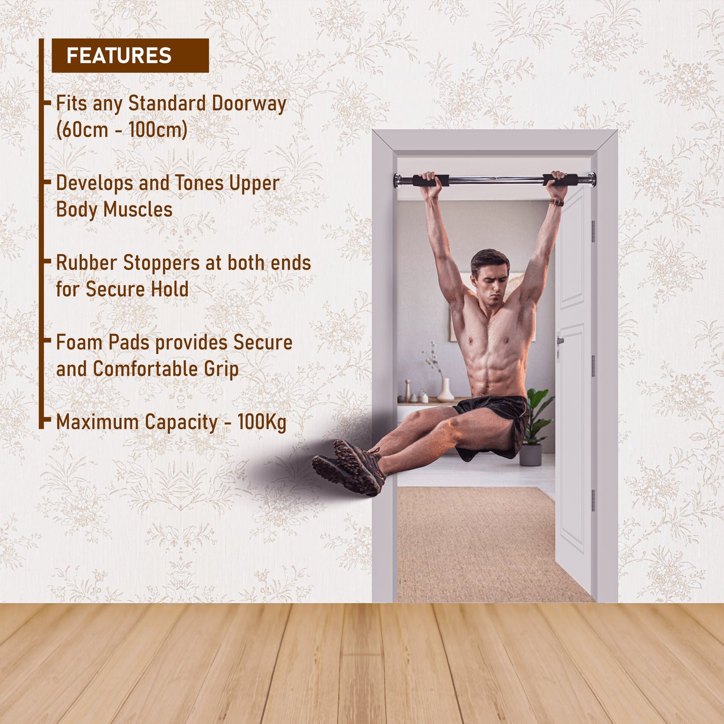 Endless EL1035 Stainless Steel Adjustable Pull Up Bar for Home Doorway | Material : Stainless Steel | For Strengthening Exercises at Home or Gym with Anti-Skid Cushion Grip | For Adult, Men and Women