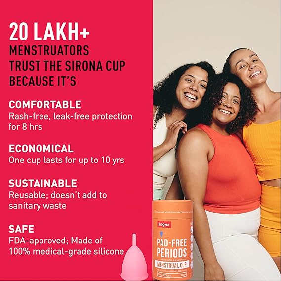 Advertisement for Sirona menstrual cup with text and three women smiling.