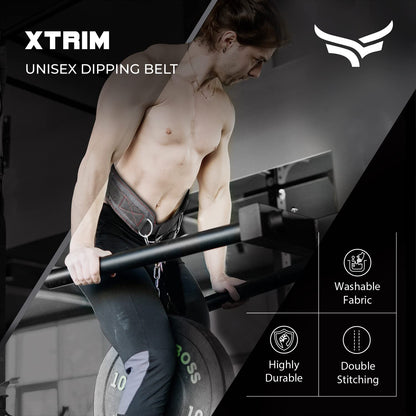 XTRIM Unisex Dipping Belt with Adjustable 36-inch Heavy-duty Steel Chain for Gym & Fitness Workout and Strength Training, Contoured-Shape, Carabiner Mechanism (Black)