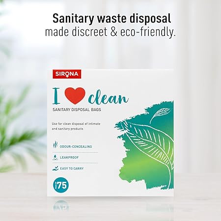 Sirqna sanitary waste disposal bags packaging with green leaf design on a white background