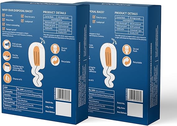 Two blue boxes with product details and instructions on a white background