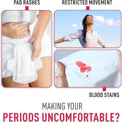 Illustration showing discomfort related to pad rashes, restricted movement, and blood stains on a white shirt.