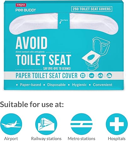 Box of Sirona Pee Buddy toilet seat covers with text and icons on a blue background