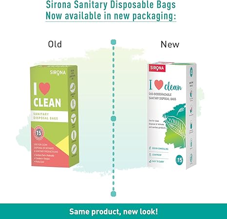 Comparison of Sirona sanitary disposable bags packaging, old vs new design.