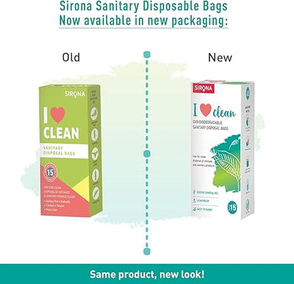 Comparison of Sirona sanitary disposable bags packaging, old vs new design.