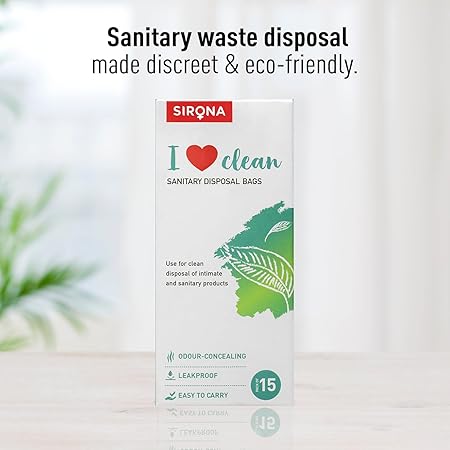 Sirona I Love Clean sanitary disposal bags packaging with text on a blurred background
