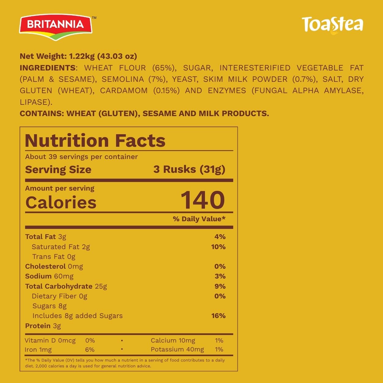BRITANNIA Toastea Suji Rusk | Biscotte De Semoule - Crispy Tea Time Snack - Crispy Crunchy Toast Pack(1.22kg)
