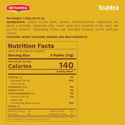 BRITANNIA Toastea Suji Rusk | Biscotte De Semoule - Crispy Tea Time Snack - Crispy Crunchy Toast Pack(1.22kg)