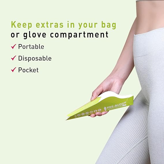 Person holding a package of disposable items with text on a light green background