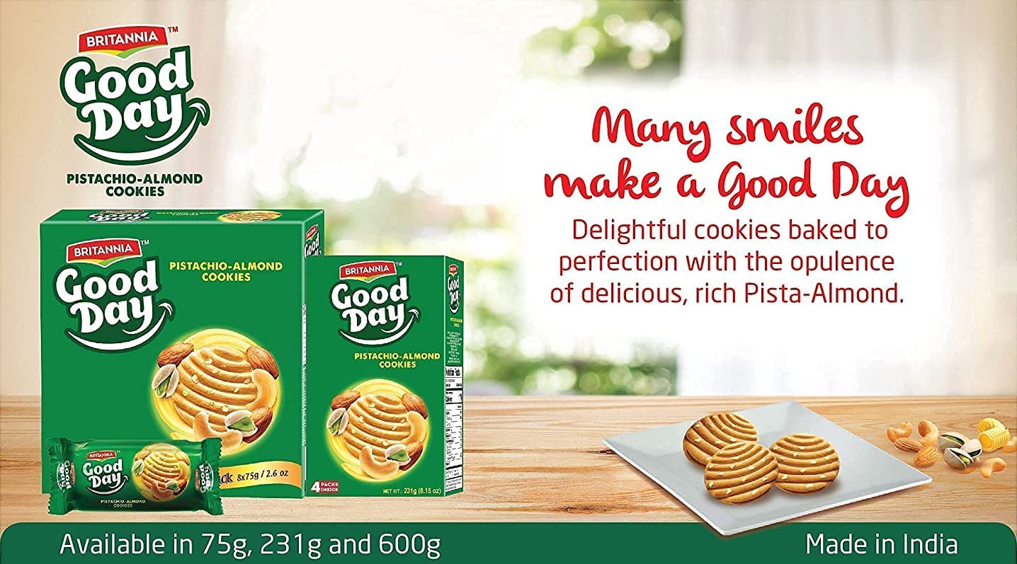 Britannia Good Day Pistachio Almond Cookies | Each Nutty & Crunchy Tea-Time Snack Perfect for Breakfast or Anytime Treat (231g)