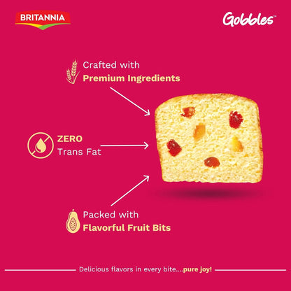 Britannia Fruit Flavored Cake | Tea Snacks Soft & Delicious Eggless Cake with Rich Fruit Bits Perfect for Breakfast & Tea Time (250g) Pack of 1