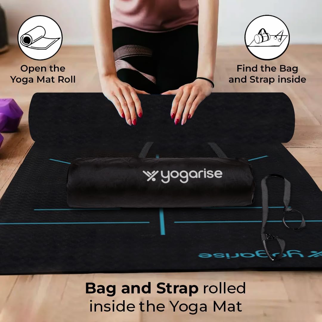Yogarise NBR Yoga Mat with Sleek 2-in-1 Yoga Strap for Men and Women, Non-Slip Texture, Extra Wide & Thick Exercise Mat For Home, Pilates, Gym & Fitness (Blue & Black)