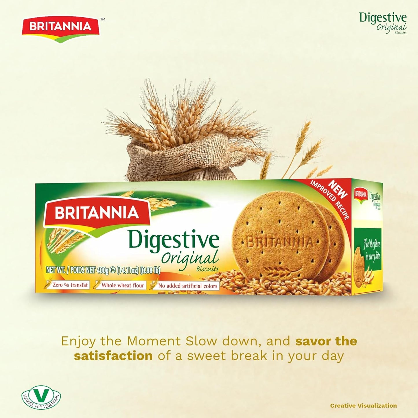 Britannia Digestive High-Fiber Biscuits | Healthy Whole Wheat Cookies No Added Sugar Crisp Tea Time Snack (400g)