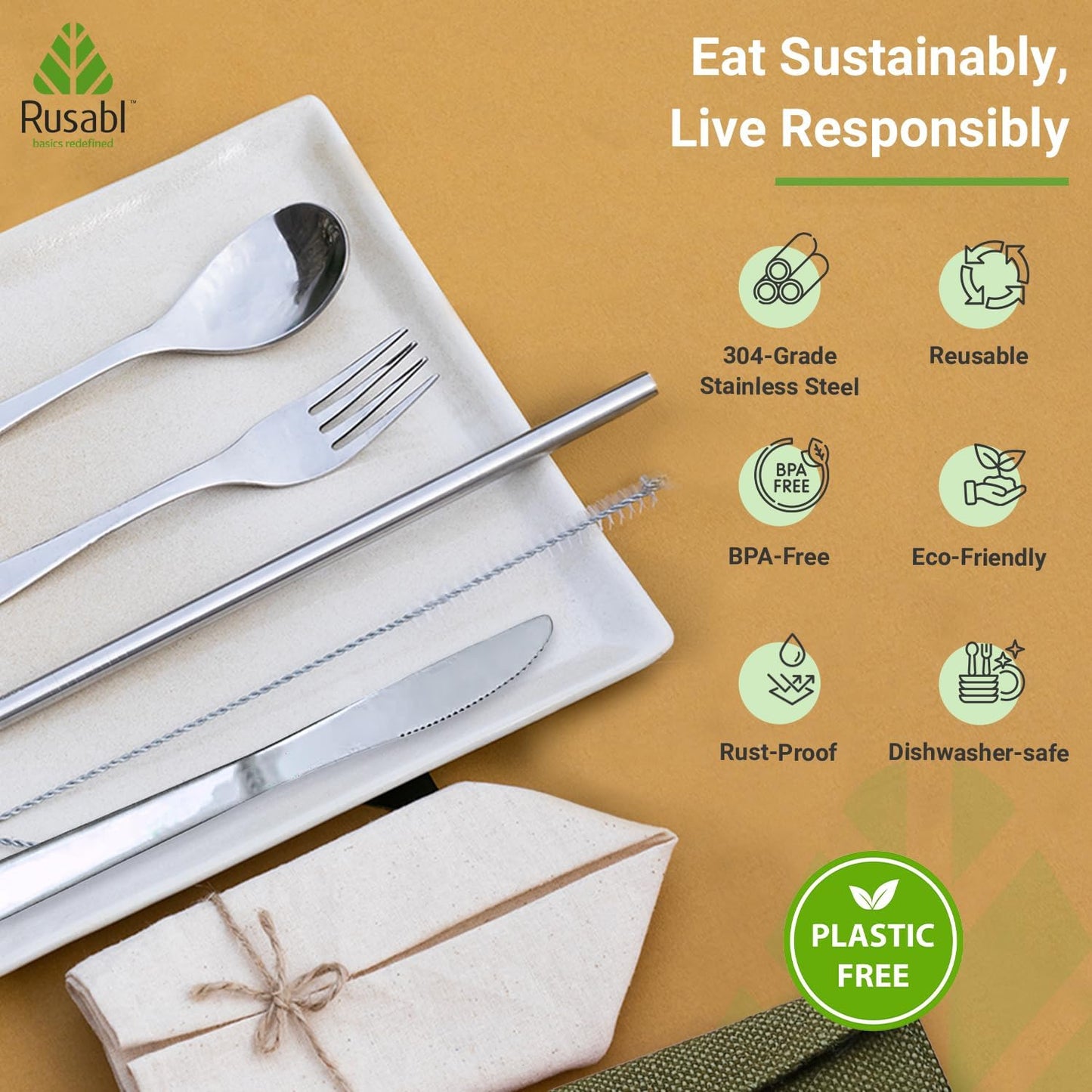 Rusabl Stainless Steel Cutlery Set Reusable Travel for Daily Use, Gifting and Traveling, Spoon and Fork Set (Spoon, Fork, Steel Straw, Cleaner, Napkin and Jute Pouch (Green)
