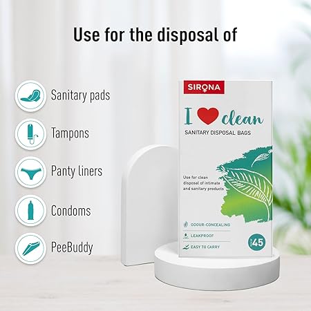 Sirona I Love Clean sanitary disposal bags packaging with product uses listed.