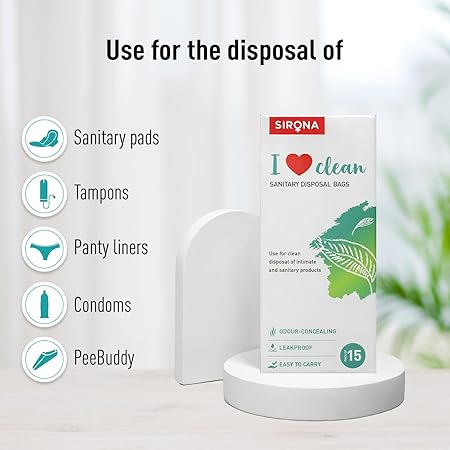 Sirona I Love Clean sanitary disposal bags packaging with product use icons on a white background