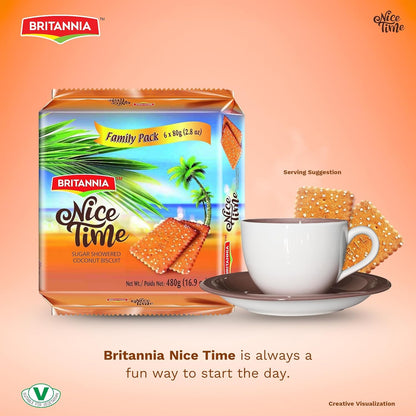 Britannia Nice Time 16.9oz (480g) | Delicious Coconut Biscuit Crunchy - Kids Favorite Breakfast & Tea Time Snacks (Pack of 1)
