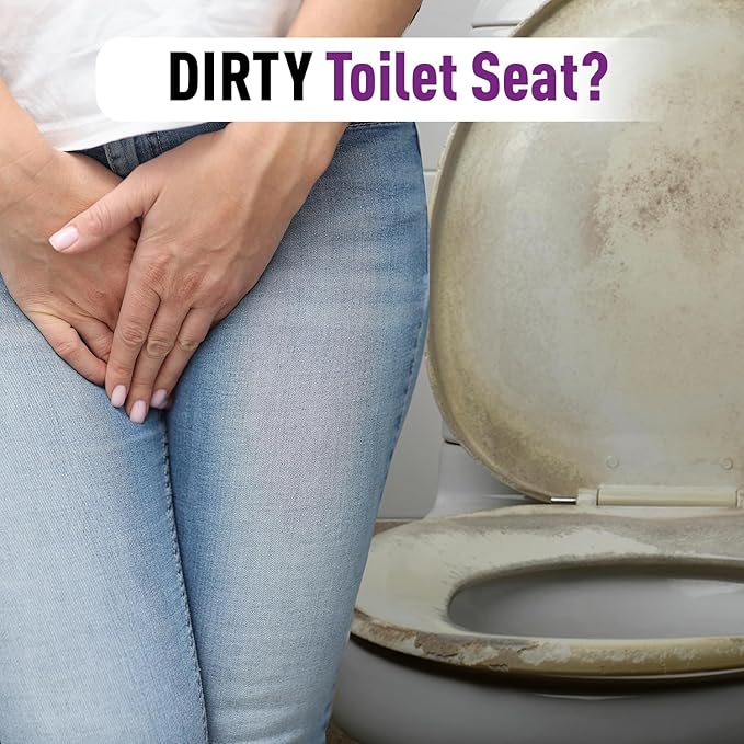 Person sitting on a dirty toilet seat with text 'DIRTY Toilet Seat?'