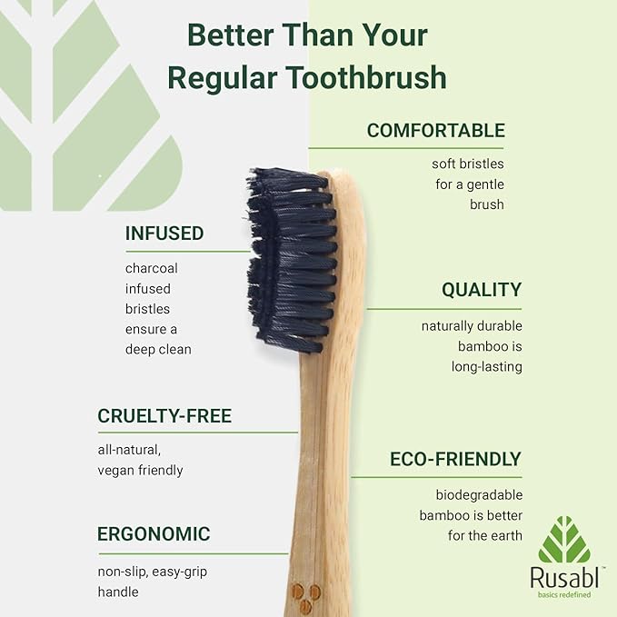 Rusabl Organic Bamboo Toothbrush for Adults (Pack of 4) Manual, Charcoal Activated Soft Bristles, Identification Marks, Biodegradable, Anti-Bacterial, Eco-friendly, Natural