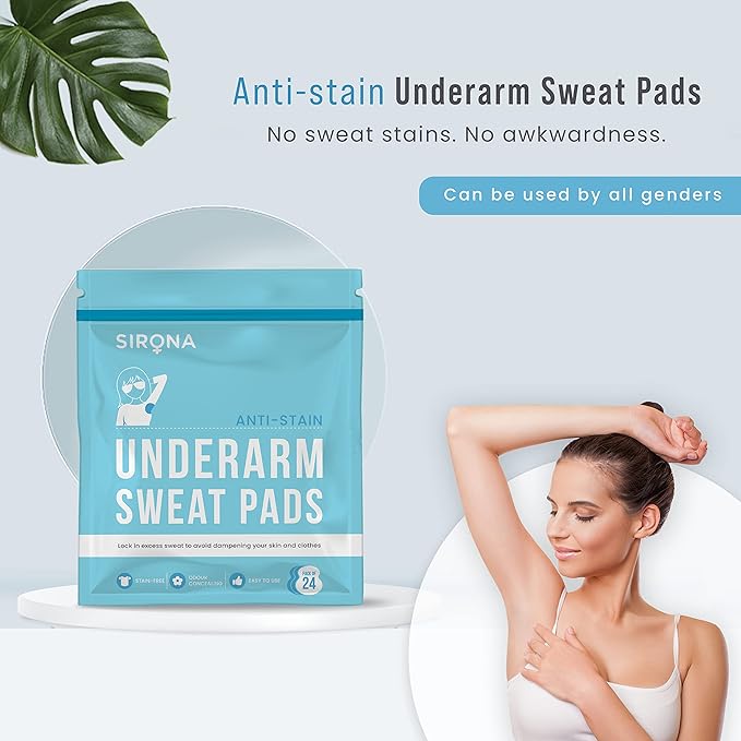 Sirona anti-stain underarm sweat pads packaging with a woman showing her armpit on a light blue background.