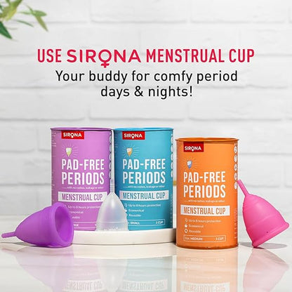 Three Sirona menstrual cups in different colors with packaging on a light background.