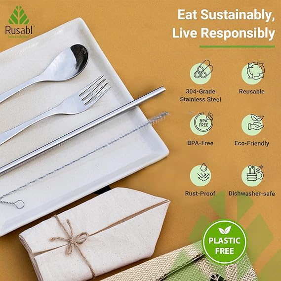 Rusabl Stainless Steel Cutlery Set | Reusable Travel Flatware for Daily Use, Gifting and Traveling (Spoon, Fork, Steel Straw, Straw Cleaner, Napkin in Beige Jute Pouch)