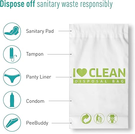 I Love Clean disposal bag with illustrations of sanitary products and icons on a white background.