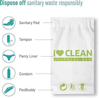 I Love Clean disposal bag with illustrations of sanitary products and icons on a white background.