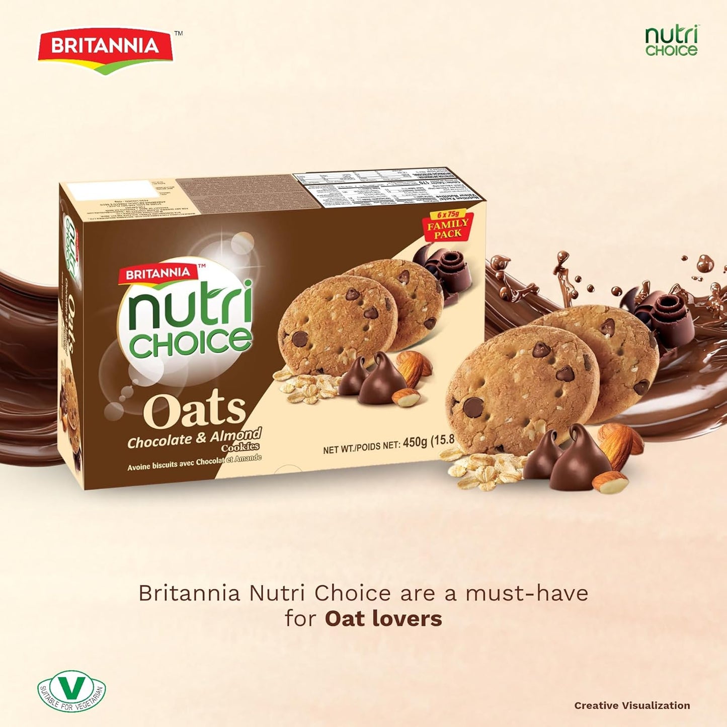 Britannia NutriChoice Oats Cookies Chocolate Almond Family Pack (6X75g)