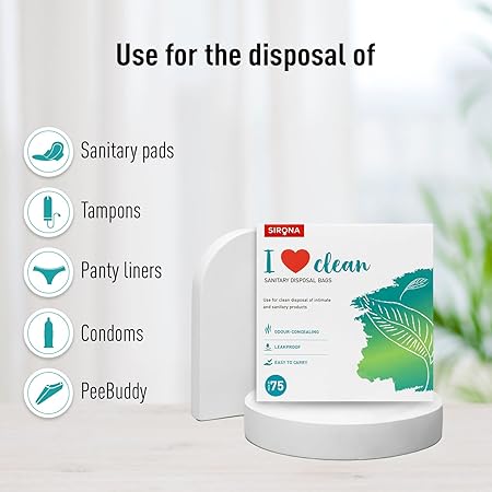 Sirma I Love Clean sanitary disposal bags packaging with icons and text on a white background