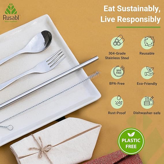 Rusabl Stainless Steel Cutlery Set Reusable Travel for Daily Use, Gifting and Traveling, Spoon and Fork Set (Spoon, Fork, Steel Straw, Cleaner, Napkin and Jute Pouch (Red)