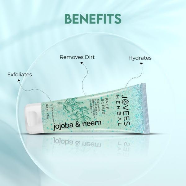 Jovees Herbal Jojoba & Neem Face Scrub (50gm) With Neem & Wheatgerm Extract | Gently Removes Dead Skin | Reduces Signs Of Premature Ageing | For Oily & Sensitive Skin