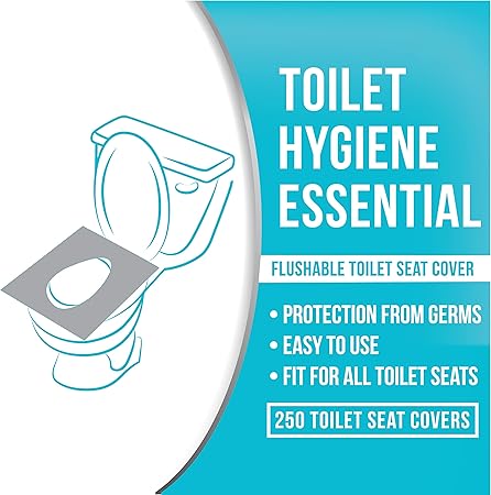 Advertisement for a flushable toilet seat cover with text on a blue and white background.