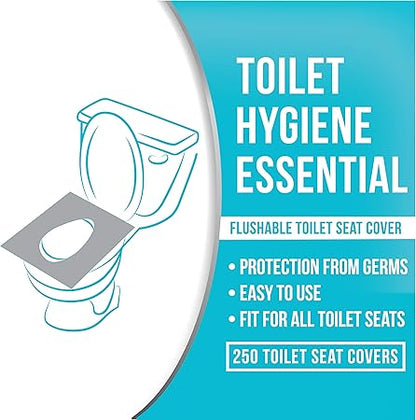 Advertisement for a flushable toilet seat cover with text on a blue and white background.