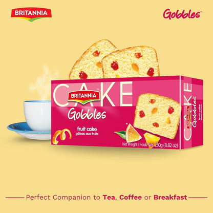 Britannia Fruit Flavored Cake | Tea Snacks Soft & Delicious Eggless Cake with Rich Fruit Bits Perfect for Breakfast & Tea Time (250g) Pack of 1