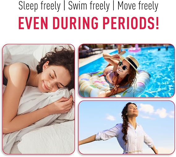 Three images of a woman relaxing: sleeping, swimming, and exercising. Text promotes freedom during periods.