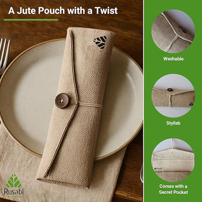 Rusabl Stainless Steel Cutlery Set | Reusable Travel Flatware for Daily Use, Gifting and Traveling (Spoon, Fork, Steel Straw, Straw Cleaner, Napkin in Beige Jute Pouch)