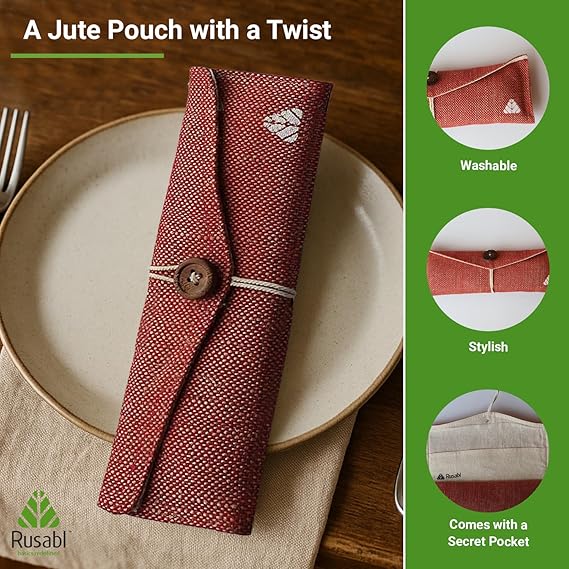 Rusabl Stainless Steel Cutlery Set Reusable Travel for Daily Use, Gifting and Traveling, Spoon and Fork Set (Spoon, Fork, Steel Straw, Cleaner, Napkin and Jute Pouch (Red)