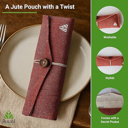Rusabl Stainless Steel Cutlery Set Reusable Travel for Daily Use, Gifting and Traveling, Spoon and Fork Set (Spoon, Fork, Steel Straw, Cleaner, Napkin and Jute Pouch (Red)