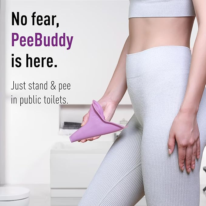 Person holding a purple PeeBuddy device in front of a toilet with promotional text.