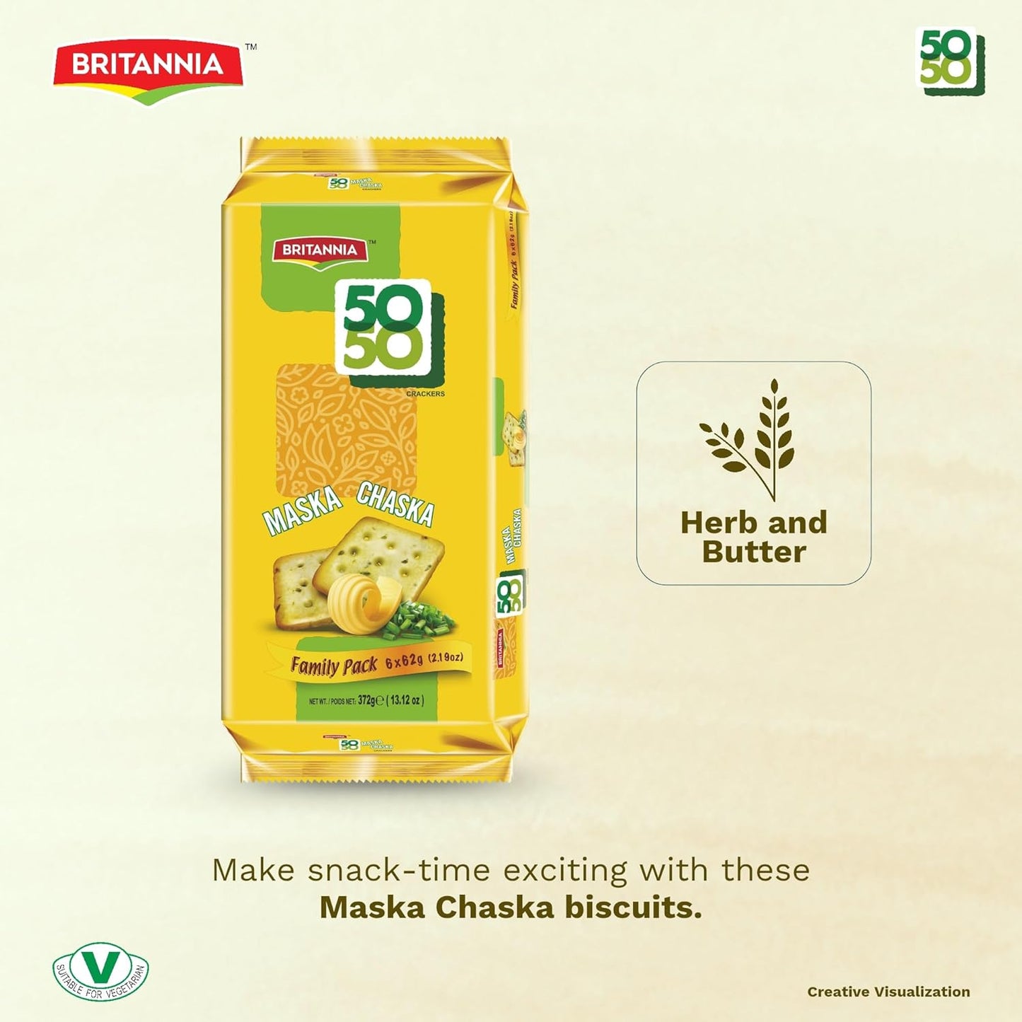 Britannia 50-50 Maska Chaska Biscuits | Family Pack Buttery Masala Flavor Light & Crispy Tea-Time Snack (Pack of 1) (372g)