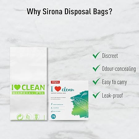 Sirona disposal bags packaging with features listed on a light gray background