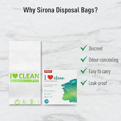 Sirona disposal bags packaging with features listed on a light gray background