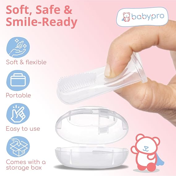 BabyPro Baby Finger Toothbrush with Storage Case, Premium Silicone Toothbrush with Soft Bristles for Babies, Tongue Cleaner for Kids, Food-Grade, BPA-free, Non-Toxic (White)