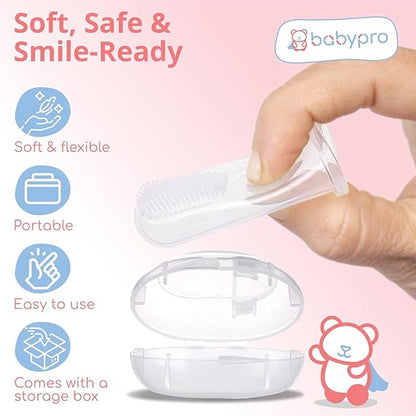 BabyPro Baby Finger Toothbrush with Storage Case, Premium Silicone Toothbrush with Soft Bristles for Babies, Tongue Cleaner for Kids, Food-Grade, BPA-free, Non-Toxic (White)